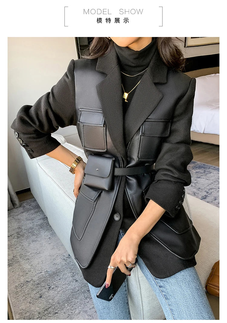“Leona” Women’s Black Wool Designer Leather Jacket