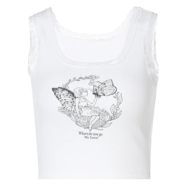 “Fairy Talez” Women’s Lace Trim Cartoon Printed Ribbed Tank Top