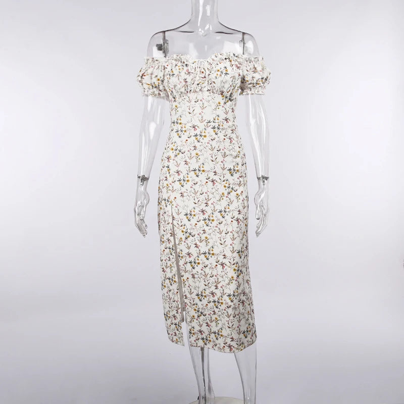 "Dandelion Dreams" Floral Print Off Shoulder Puff Sleeve Maxi Dress