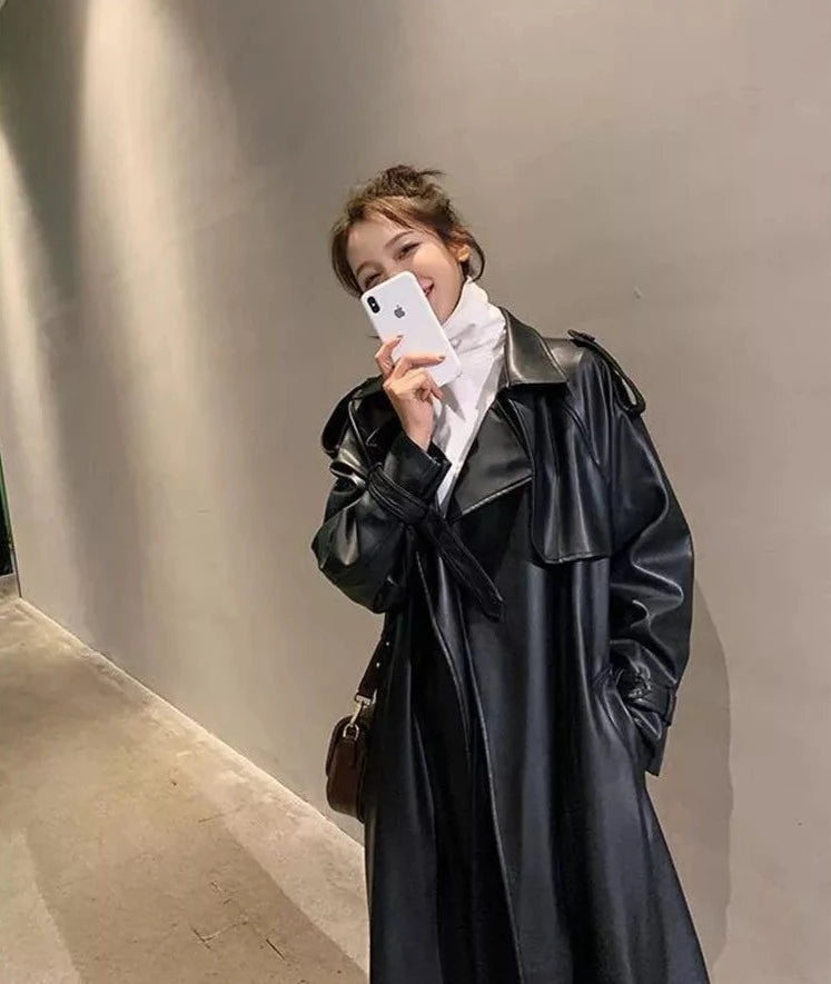 ”Lead Me On” Long Sleeve Designer Leather Trench Coat