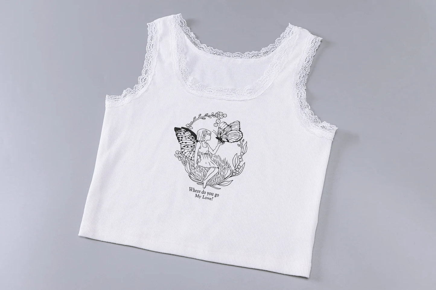 “Fairy Talez” Women’s Lace Trim Cartoon Printed Ribbed Tank Top
