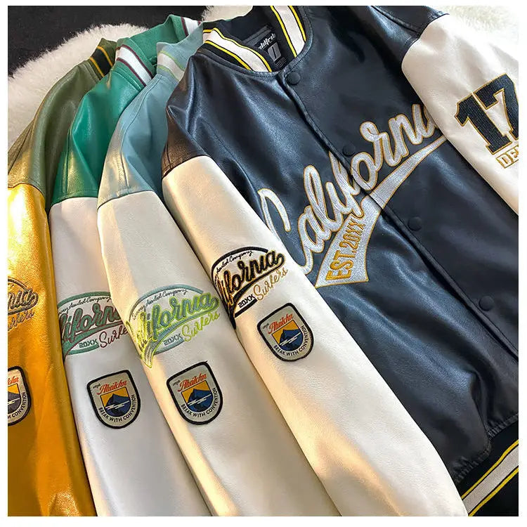 "California Dreamin" Women's Retro Letter Print Leather Baseball Jacket
