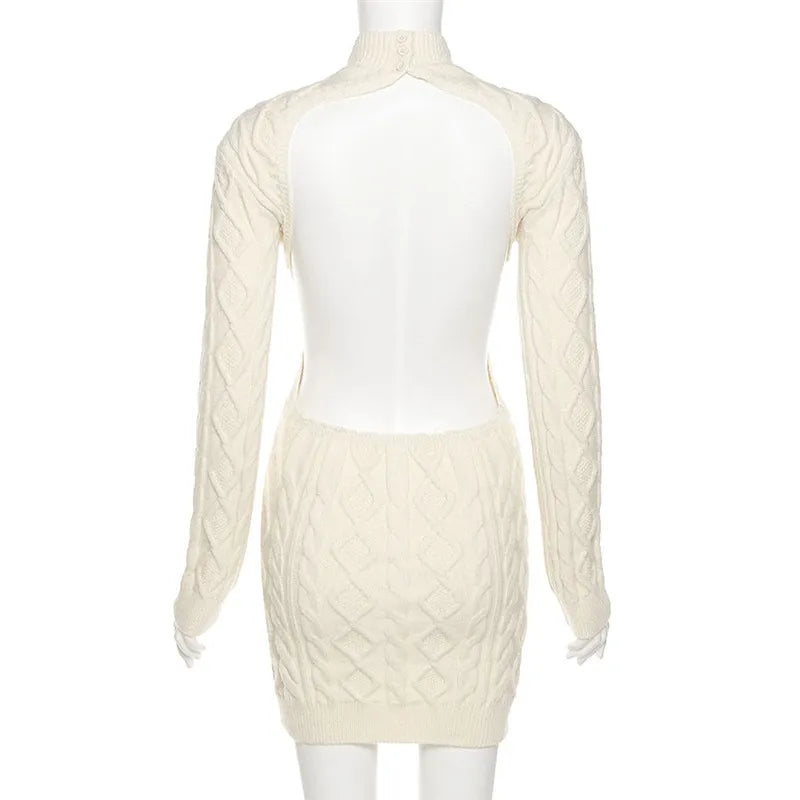 "Keep Me Interested" Knitted Backless Long Sleeve Mini Dress