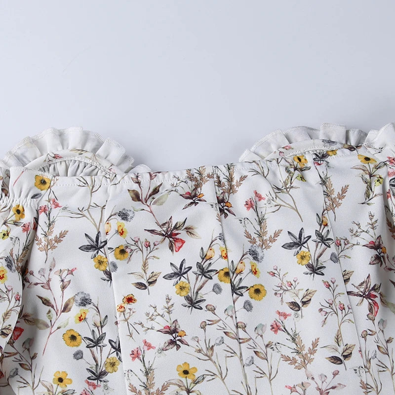 "Dandelion Dreams" Floral Print Off Shoulder Puff Sleeve Maxi Dress