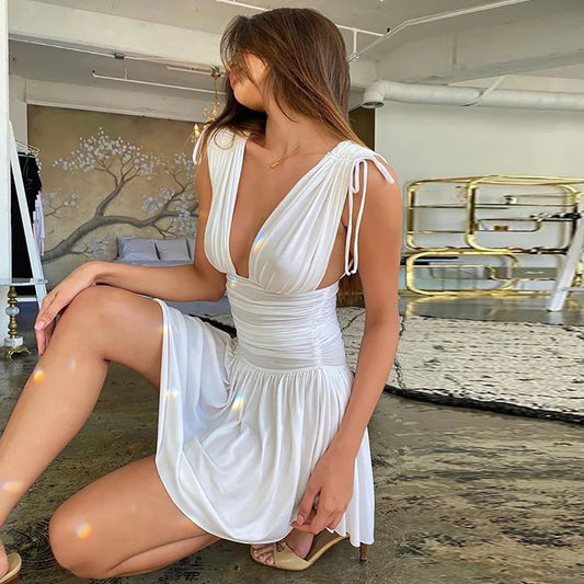 "Barcelona" Elegant Pleated Deep V-Neck Sleeveless Mini Dress