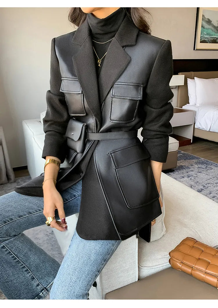 “Leona” Women’s Black Wool Designer Leather Jacket