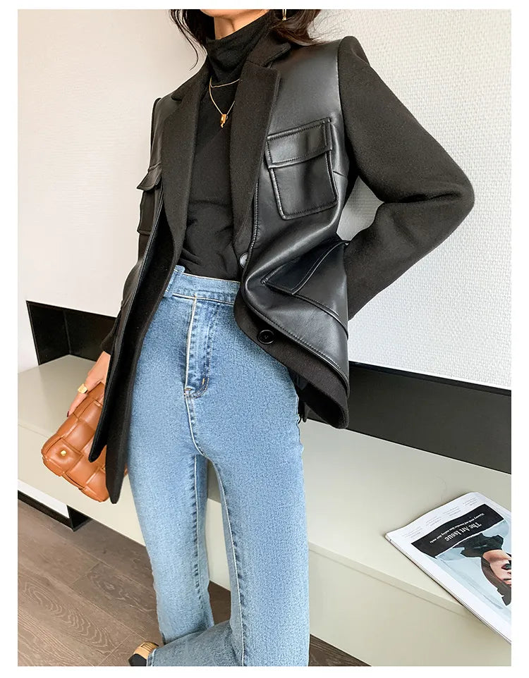 “Leona” Women’s Black Wool Designer Leather Jacket