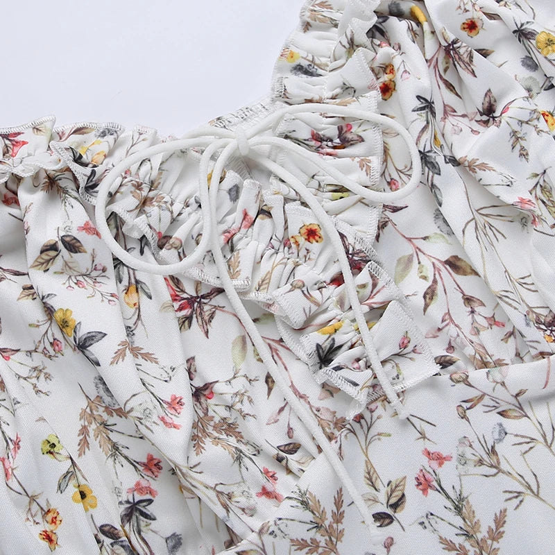 "Dandelion Dreams" Floral Print Off Shoulder Puff Sleeve Maxi Dress