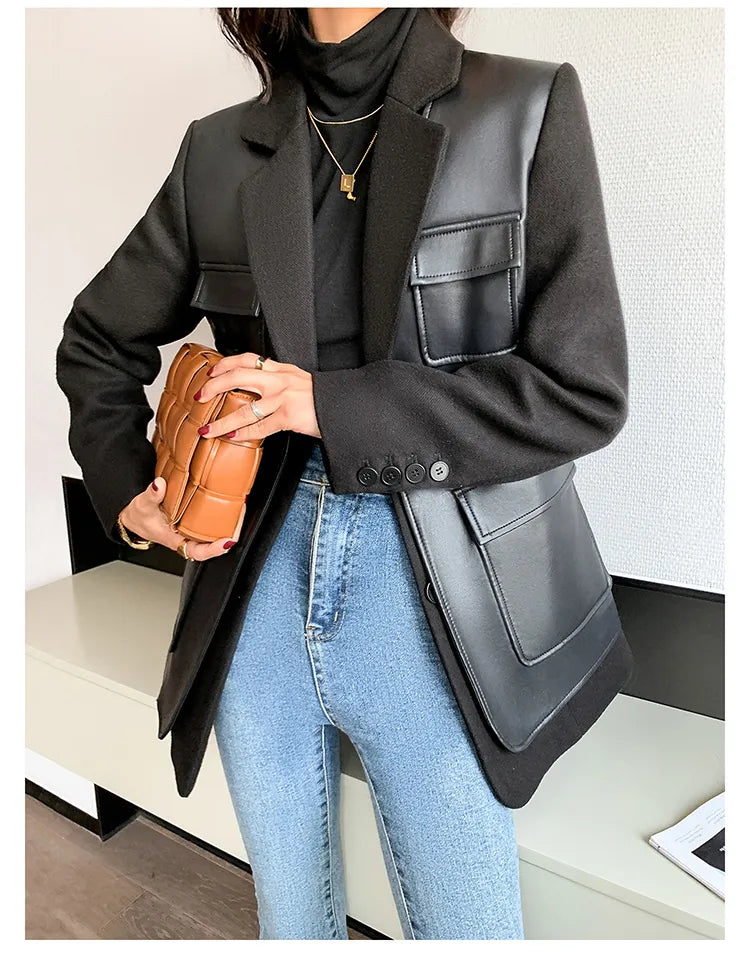 “Leona” Women’s Black Wool Designer Leather Jacket
