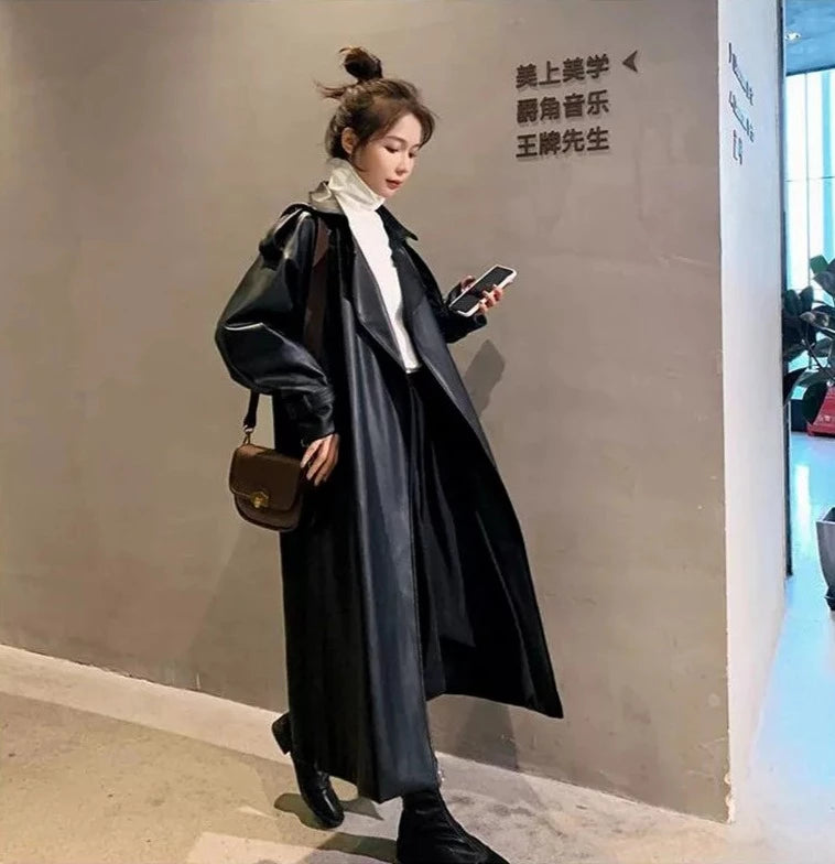 ”Lead Me On” Long Sleeve Designer Leather Trench Coat