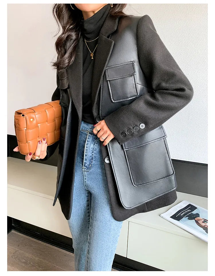 “Leona” Women’s Black Wool Designer Leather Jacket