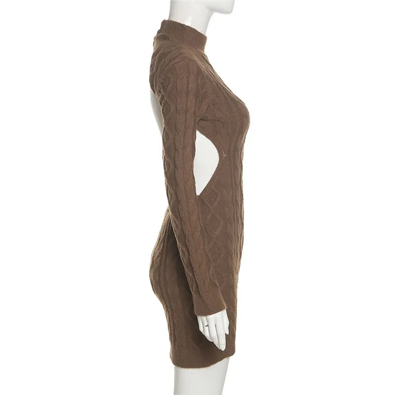 "Keep Me Interested" Knitted Backless Long Sleeve Mini Dress