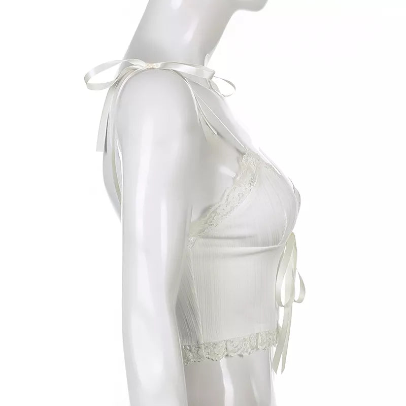 “Lily” Y2K Style Lace Trim Knitted Backless Crop Top