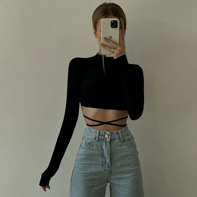 “Lil Baddie” Sexy Backless Long Sleeve Crop Top