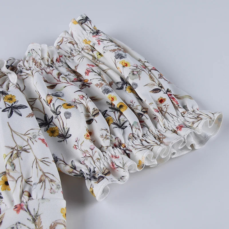 "Dandelion Dreams" Floral Print Off Shoulder Puff Sleeve Maxi Dress