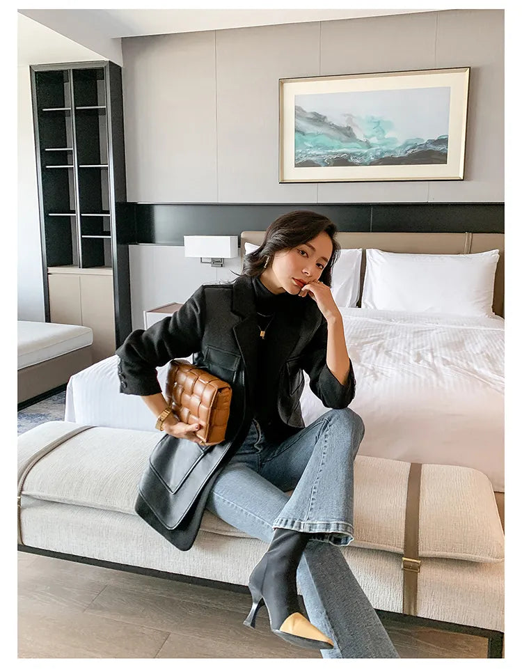 “Leona” Women’s Black Wool Designer Leather Jacket