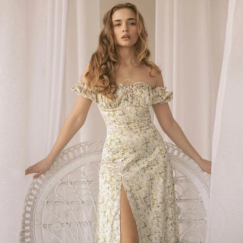 "Dandelion Dreams" Floral Print Off Shoulder Puff Sleeve Maxi Dress