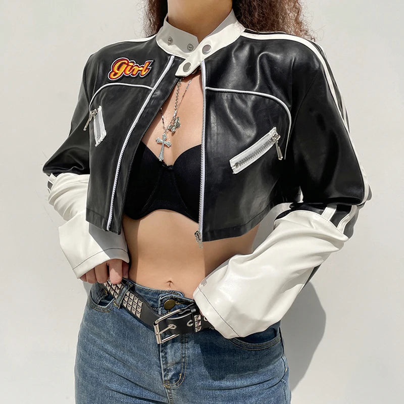 “Hot Shit” Women’s Cropped Two Tone Faux Leather Jacket