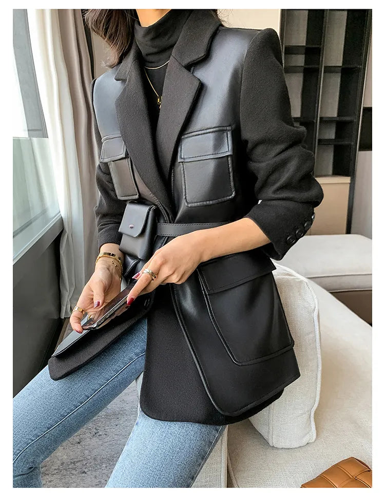 “Leona” Women’s Black Wool Designer Leather Jacket