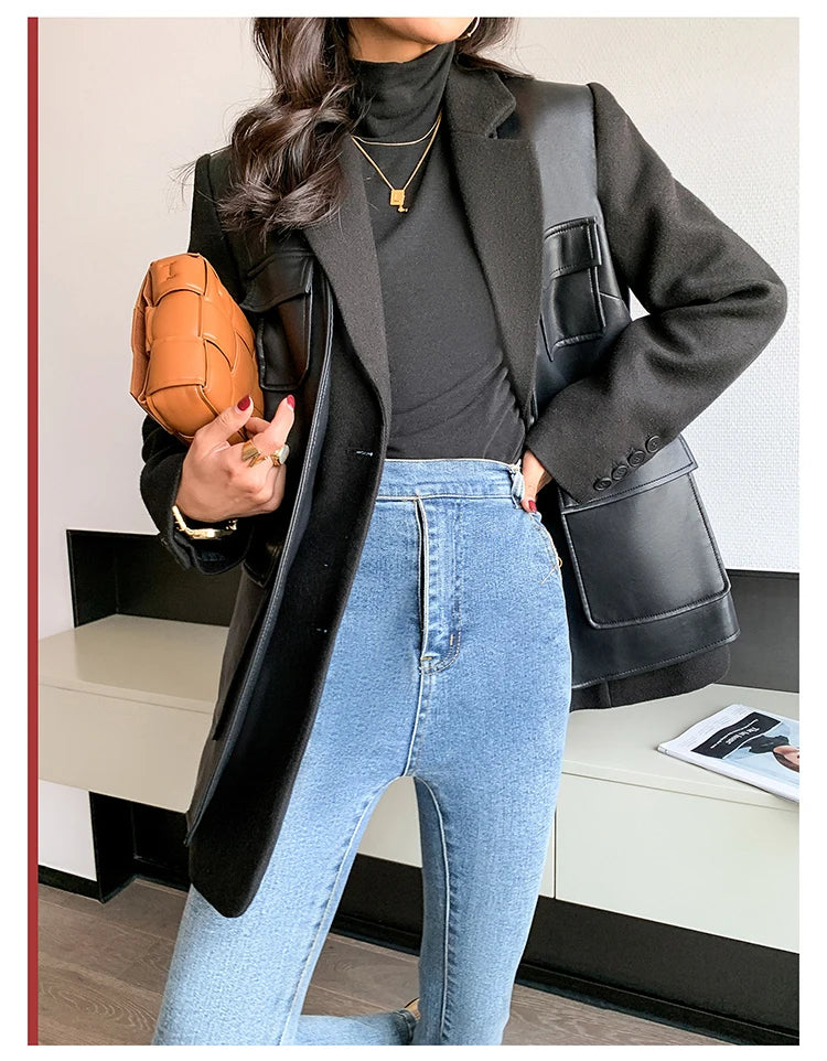 “Leona” Women’s Black Wool Designer Leather Jacket