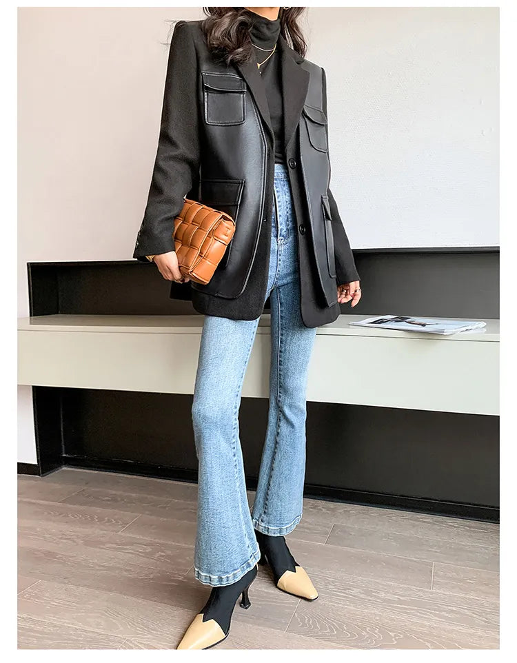 “Leona” Women’s Black Wool Designer Leather Jacket