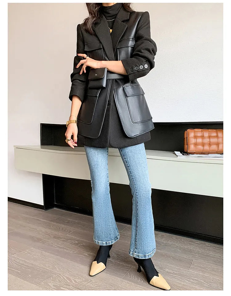 “Leona” Women’s Black Wool Designer Leather Jacket
