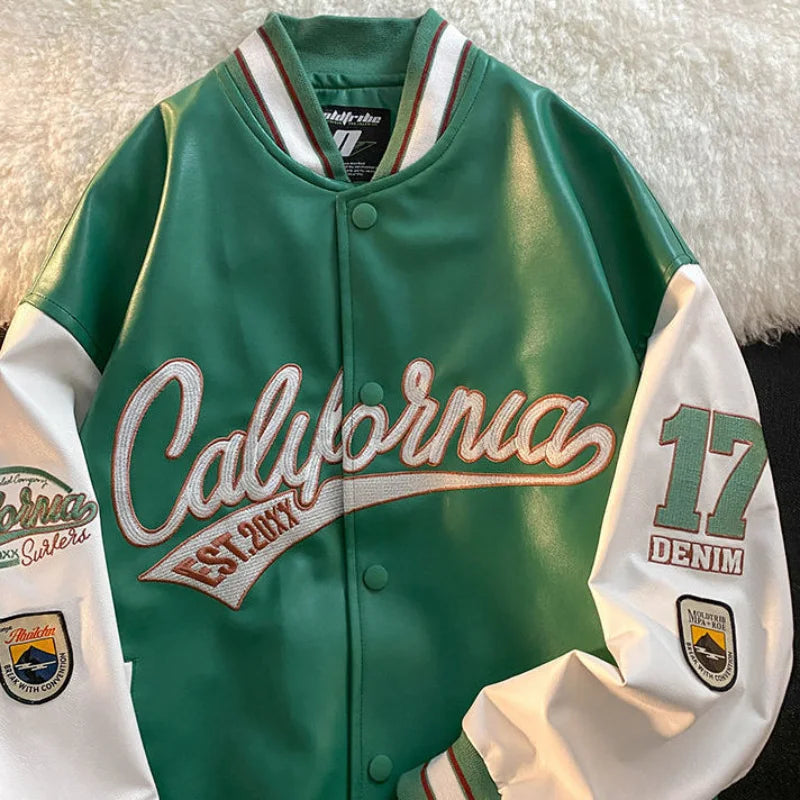 "California Dreamin" Women's Retro Letter Print Leather Baseball Jacket