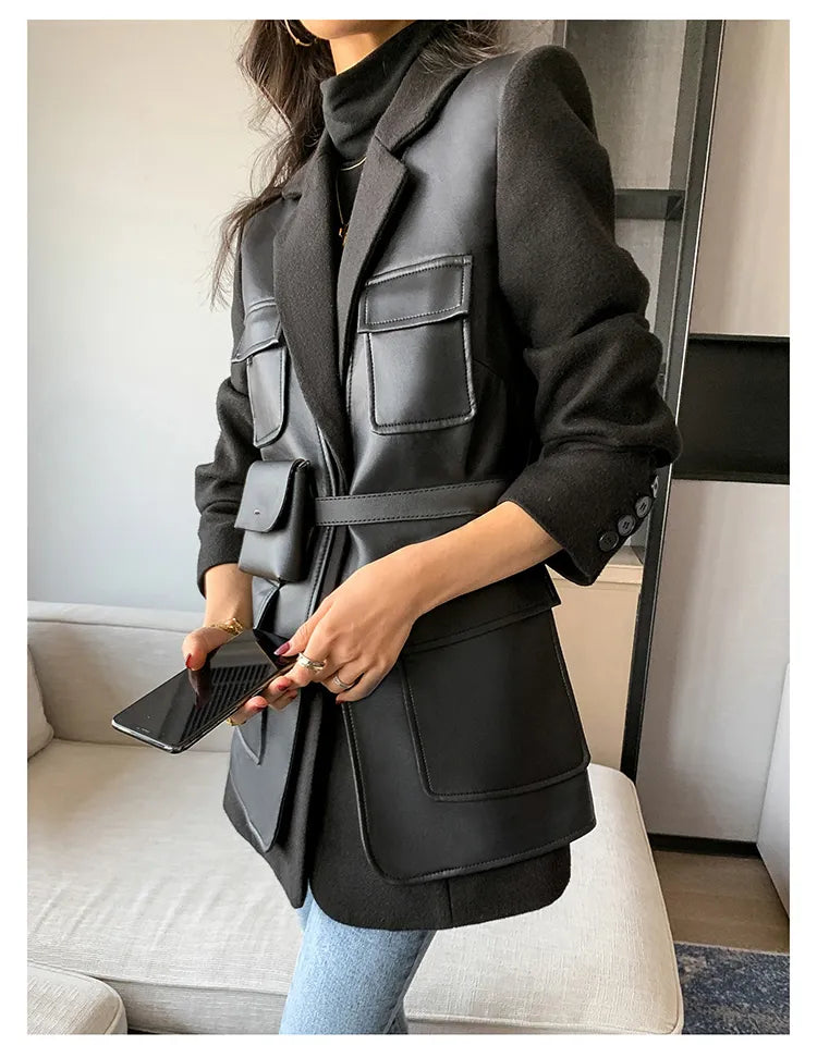 “Leona” Women’s Black Wool Designer Leather Jacket