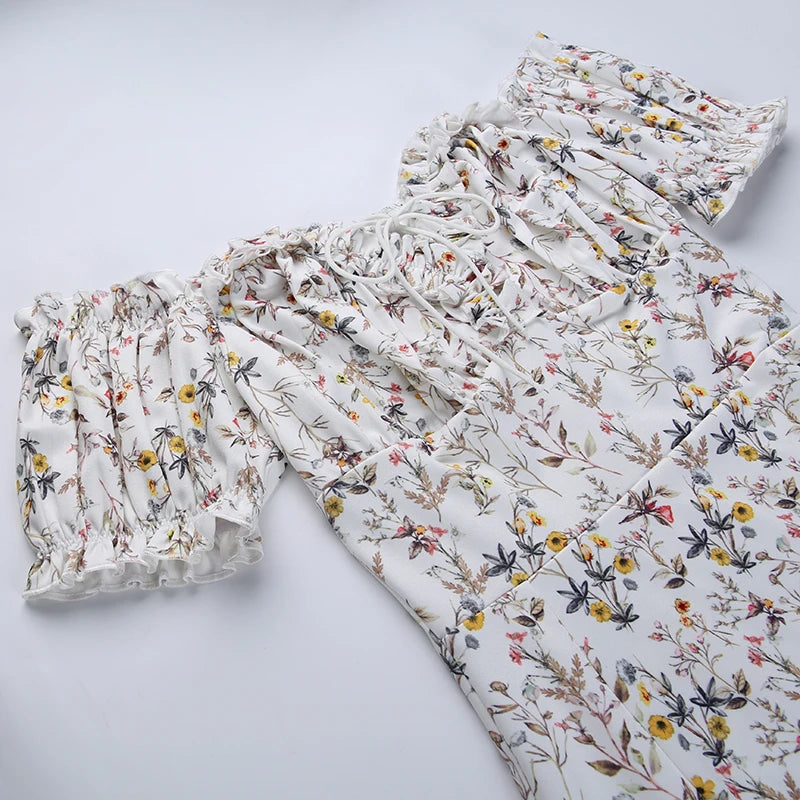"Dandelion Dreams" Floral Print Off Shoulder Puff Sleeve Maxi Dress