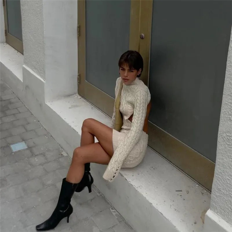 "Keep Me Interested" Knitted Backless Long Sleeve Mini Dress