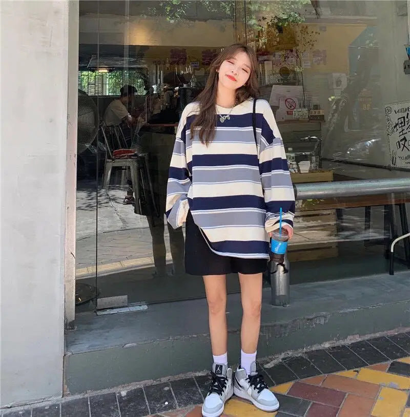 “Must Be Nice” Women’s Striped Oversized Long Sleeve Sweatshirt
