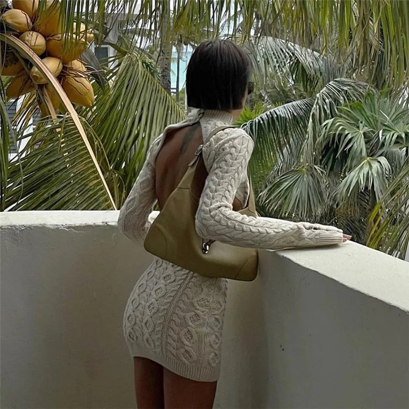 "Keep Me Interested" Knitted Backless Long Sleeve Mini Dress
