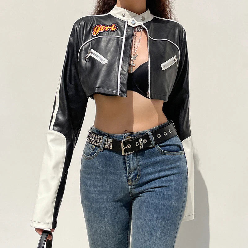 “Hot Shit” Women’s Cropped Two Tone Faux Leather Jacket