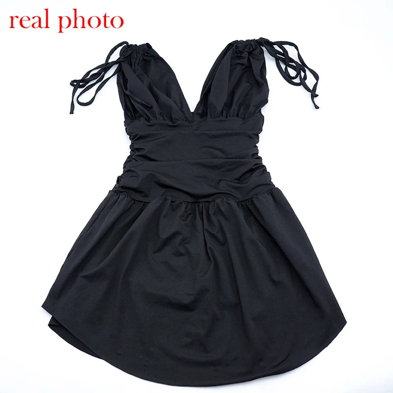 "Barcelona" Elegant Pleated Deep V-Neck Sleeveless Mini Dress