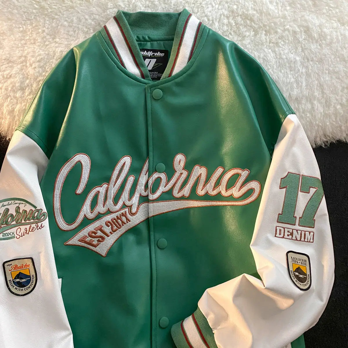 "California Dreamin" Women's Retro Letter Print Leather Baseball Jacket
