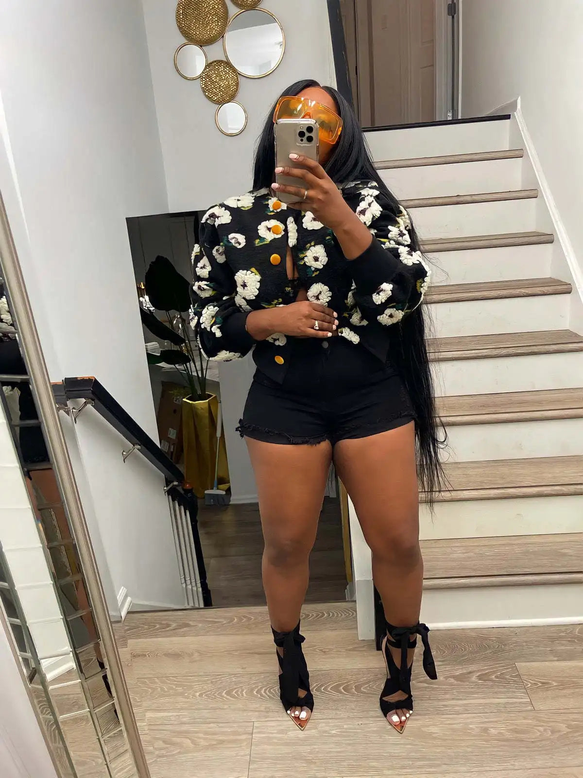 “Sauced Up” Elegant Front Floral Print Long Sleeve Jacket