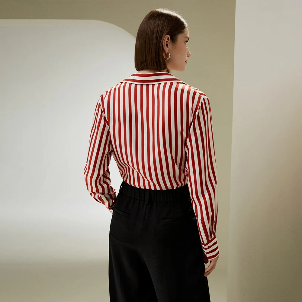 ”Me, Myself, And I” Women’s Red Striped Mulberry Silk Collared Shirt