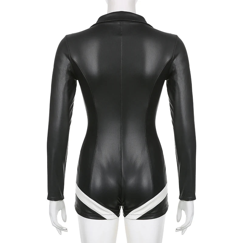 “Hot Lil Diva” Sexy Black Leather Long Sleeve Jumpsuit