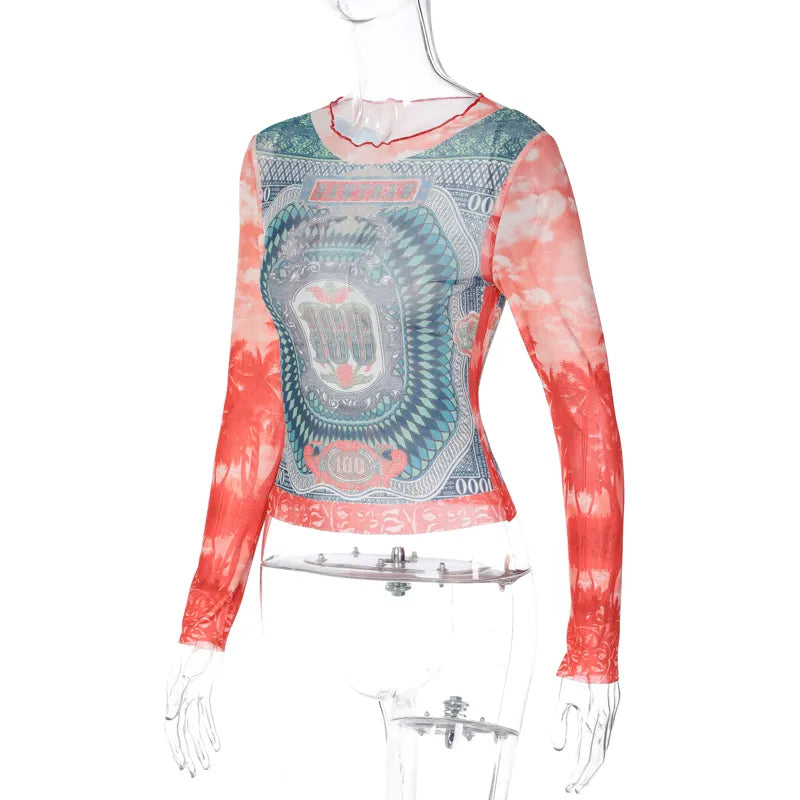 “She Just Wanna Rock” Mesh Graphic Print See Through T-Shirt