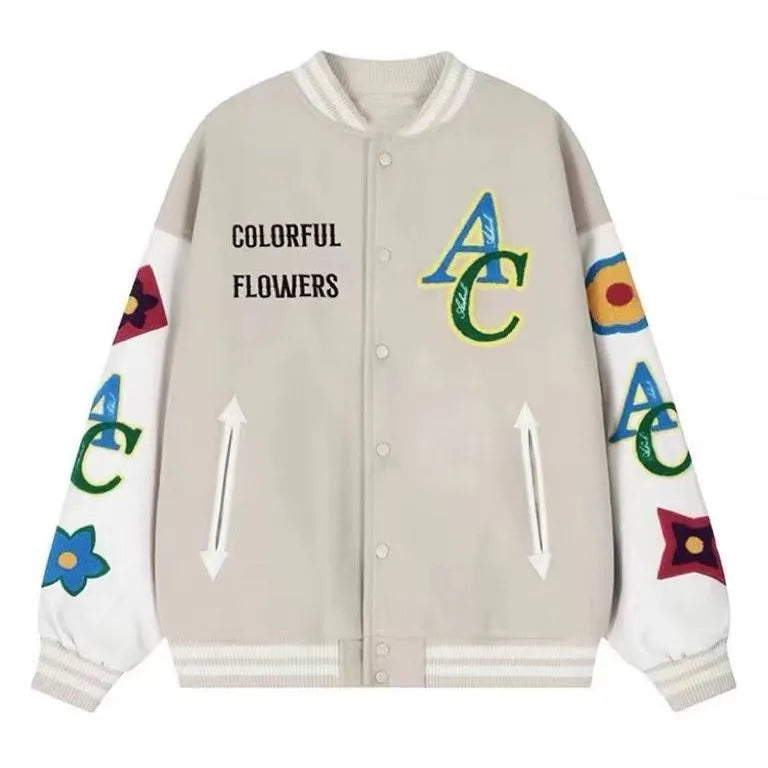 “Colorful Flowers” Men’s American Flower Embroidered Urban Bomber Jacket
