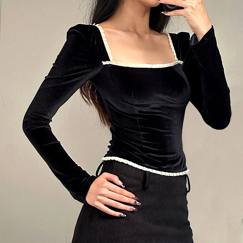"Madeline" Women's Vintage Black Velvet Long Sleeve Blouse