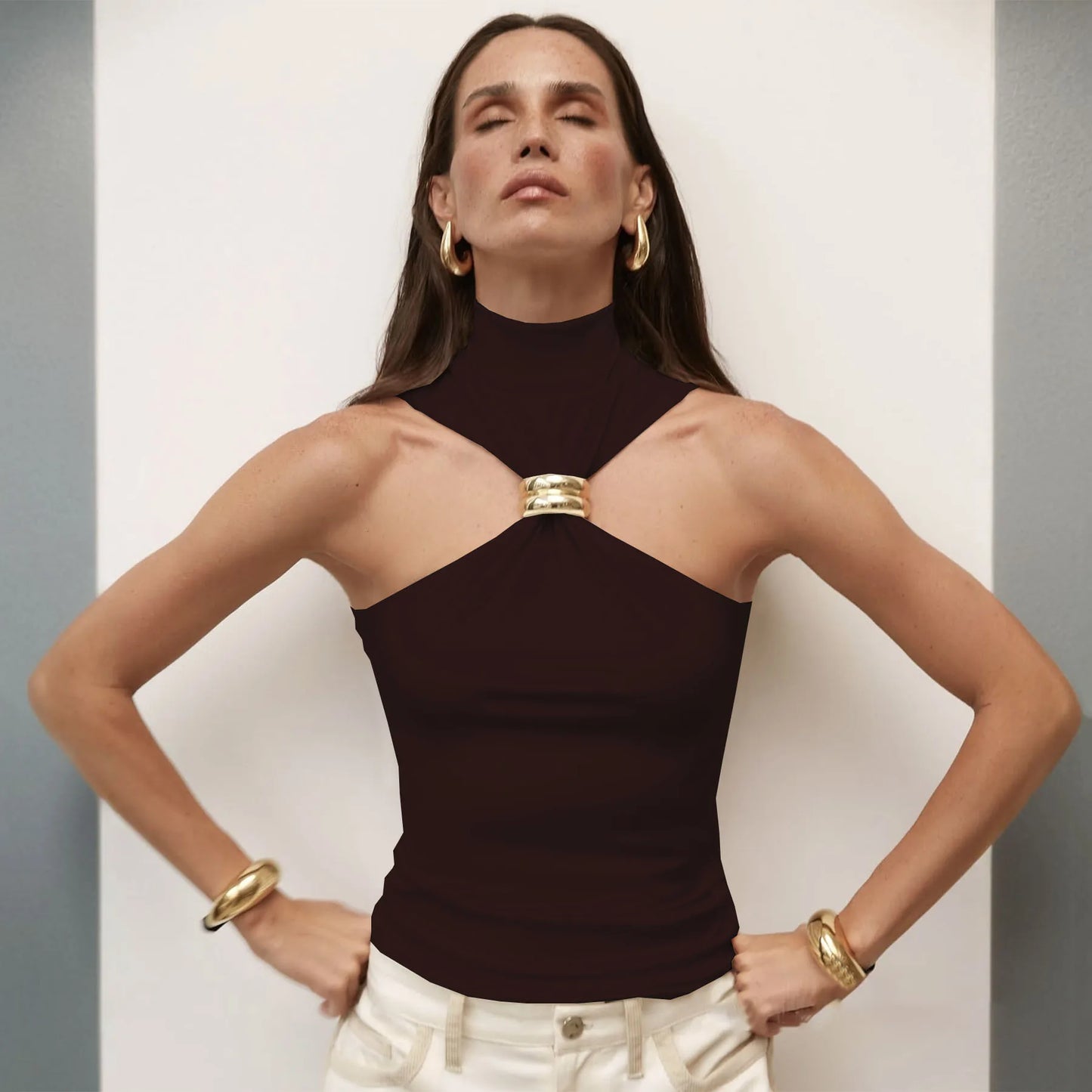 "Mrs. Banks" Women's Elegant Sleeveless Turtleneck Top