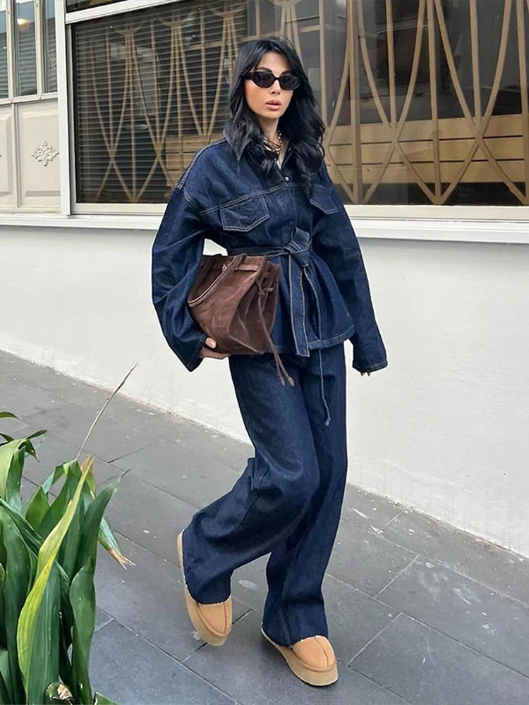 "Bel Air" Women's Cinched Lace Up Wide Leg Denim Pants Set