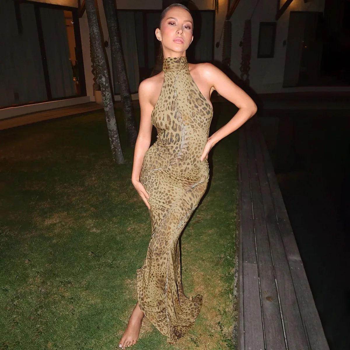 "Blackout" Women's Embellished Backless Leopard Print Maxi Dress