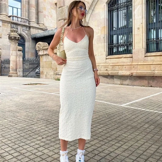"Coletta" Knit Backless Lace-Up Halter Maxi Dress