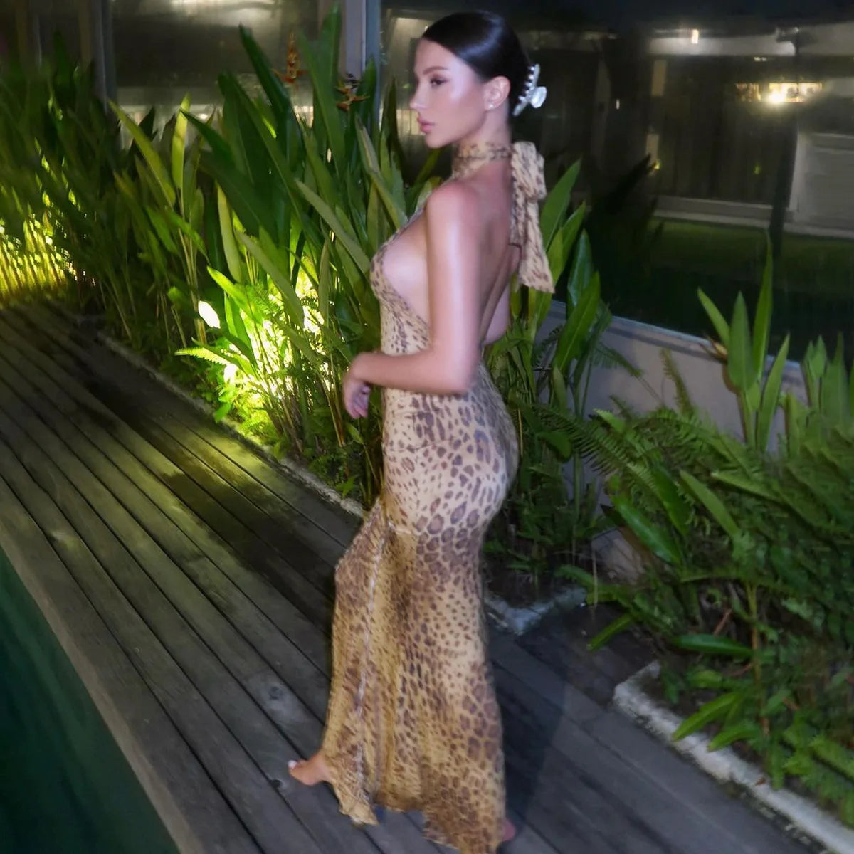 "Blackout" Women's Embellished Backless Leopard Print Maxi Dress