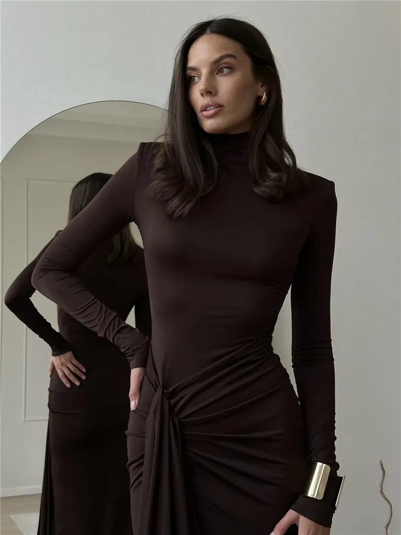 "Madison" Women's Draped Turtleneck Thigh High Split Long Sleeve Bodycon Maxi Dress