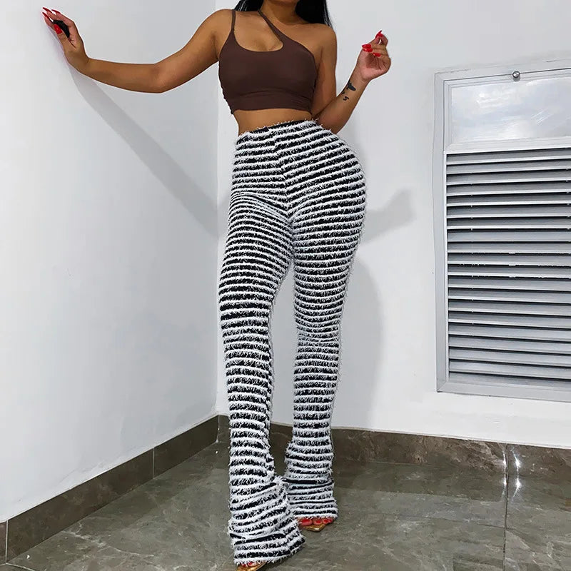 “Pay The Fee” Knitted Black and White Striped High Waist Flare Pants