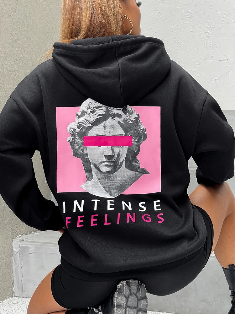 “Intense Feeling” Women’s Casual Graphic Print Black Hoodie