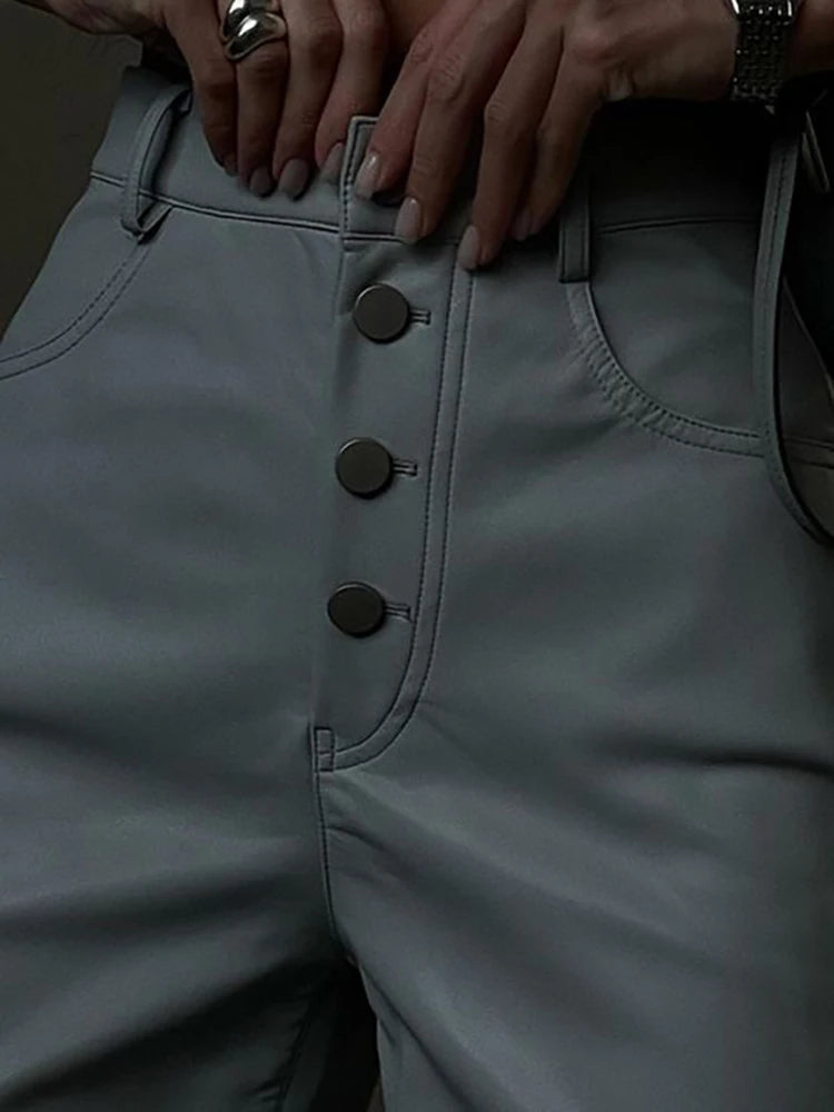 “Miley” High Waist Straight Leg Button Up Leather Pants